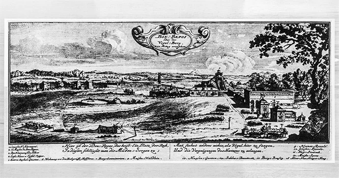 Ptačí vrch se zámkem Bon Repos (rytina: M. Rentz)